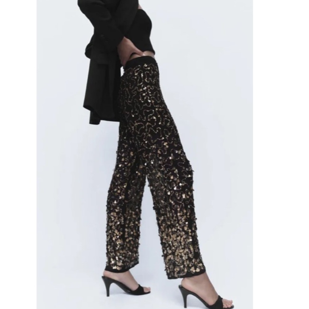 ZARA Limited Edition Black Sequin Harper Pants High Waist Beaded Trousers